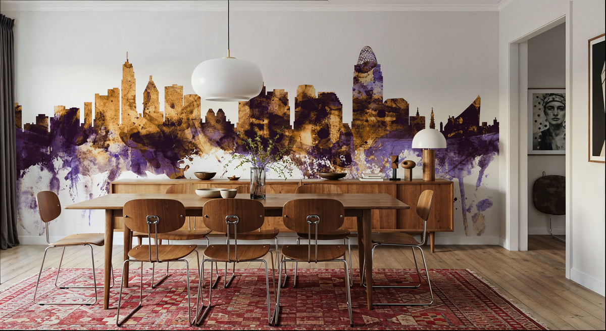 Cincinnati Ohio Skyline Purple & Gold Mural Wallpaper - room preview 03