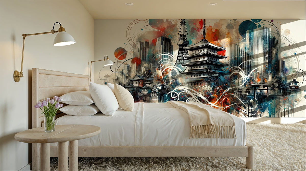 Watercolor Skyline Tokyo I Mural Wallpaper - room preview 03