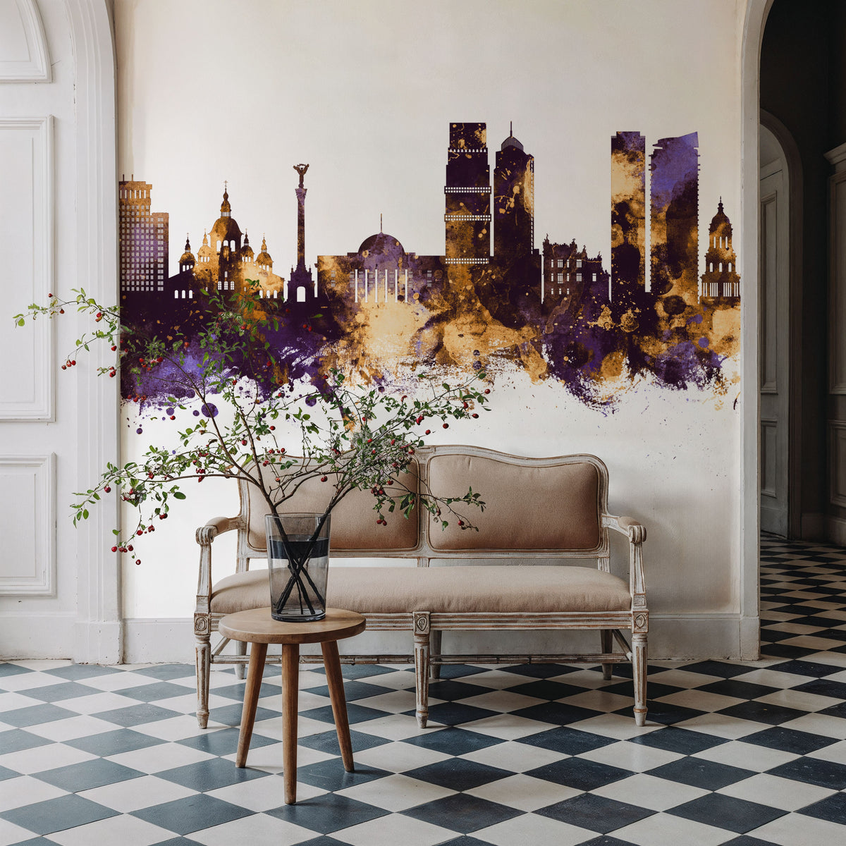 Kyiv Ukraine Skyline Purple & Gold Mural Wallpaper - room preview 03