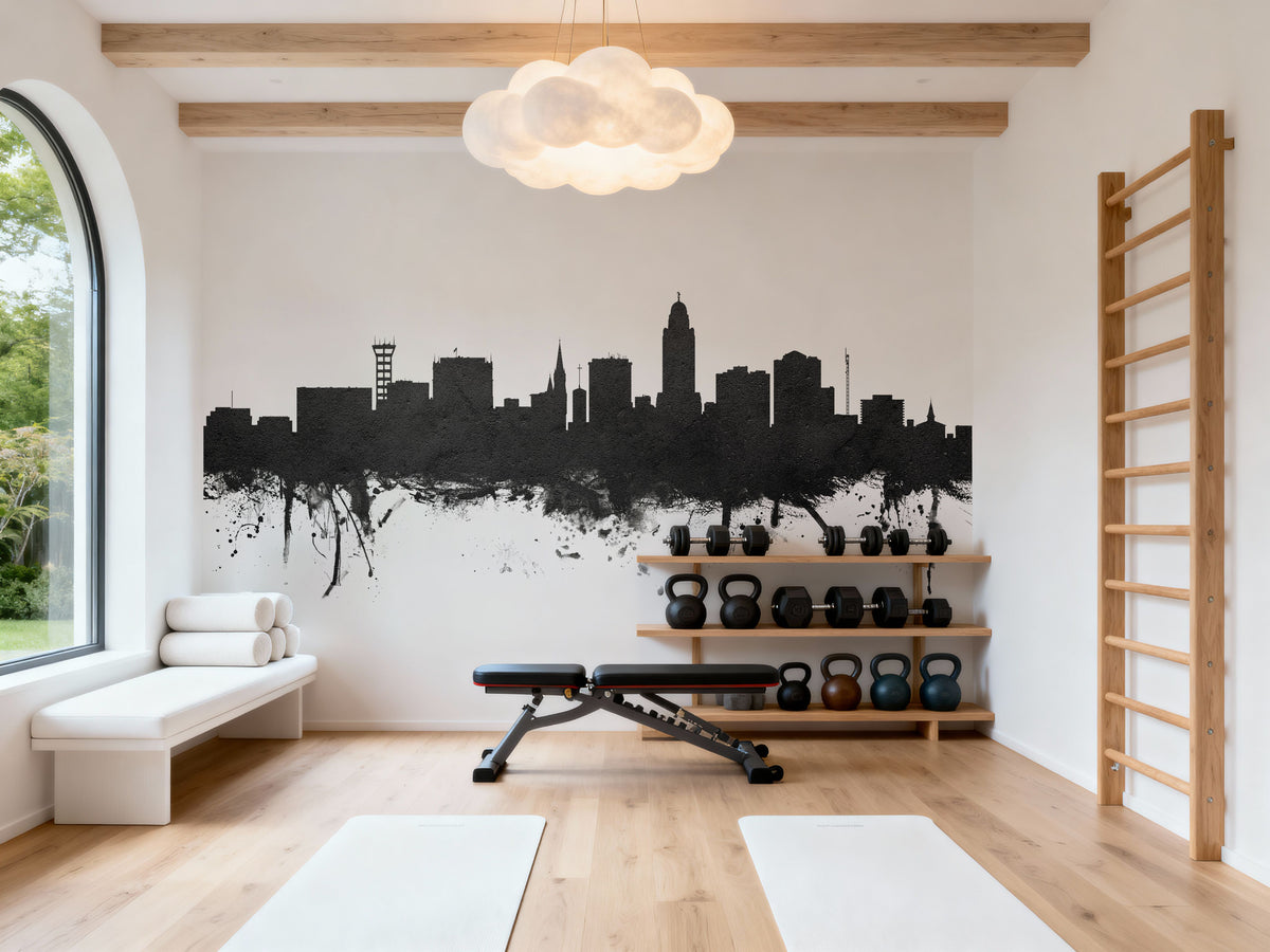 Lincoln Nebraska Skyline Black & White Mural Wallpaper - room preview 03