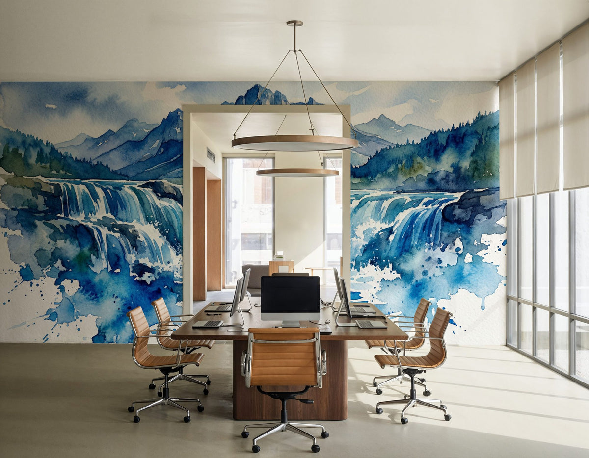 Nordic Waterfall - Watercolor Landscapes Series Mural Wallpaper - room preview 03