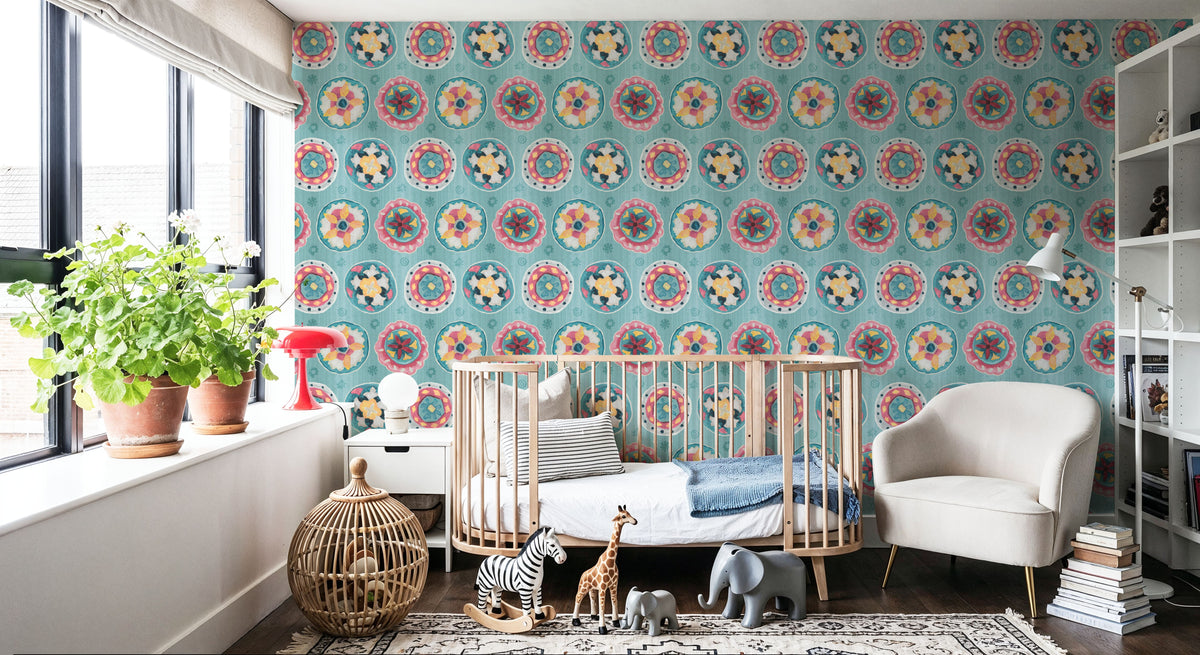 Boho Circles Blue Mural Wallpaper - room preview 03