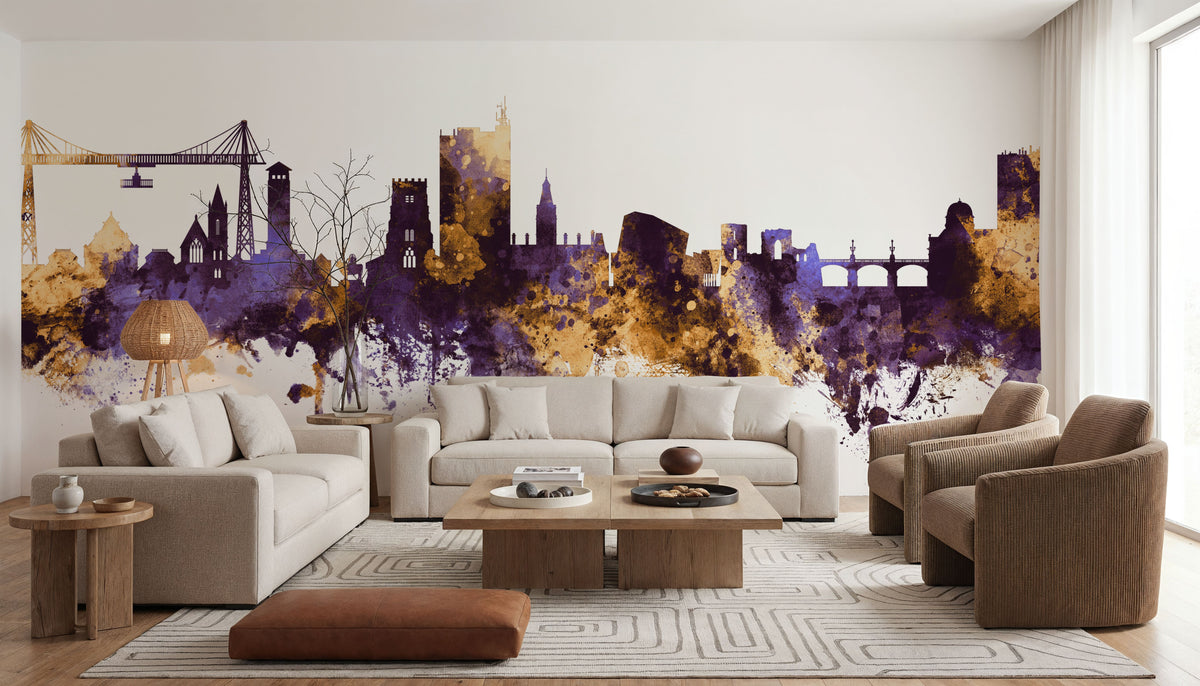 Newport Wales Skyline Purple & Gold Mural Wallpaper - room preview 03