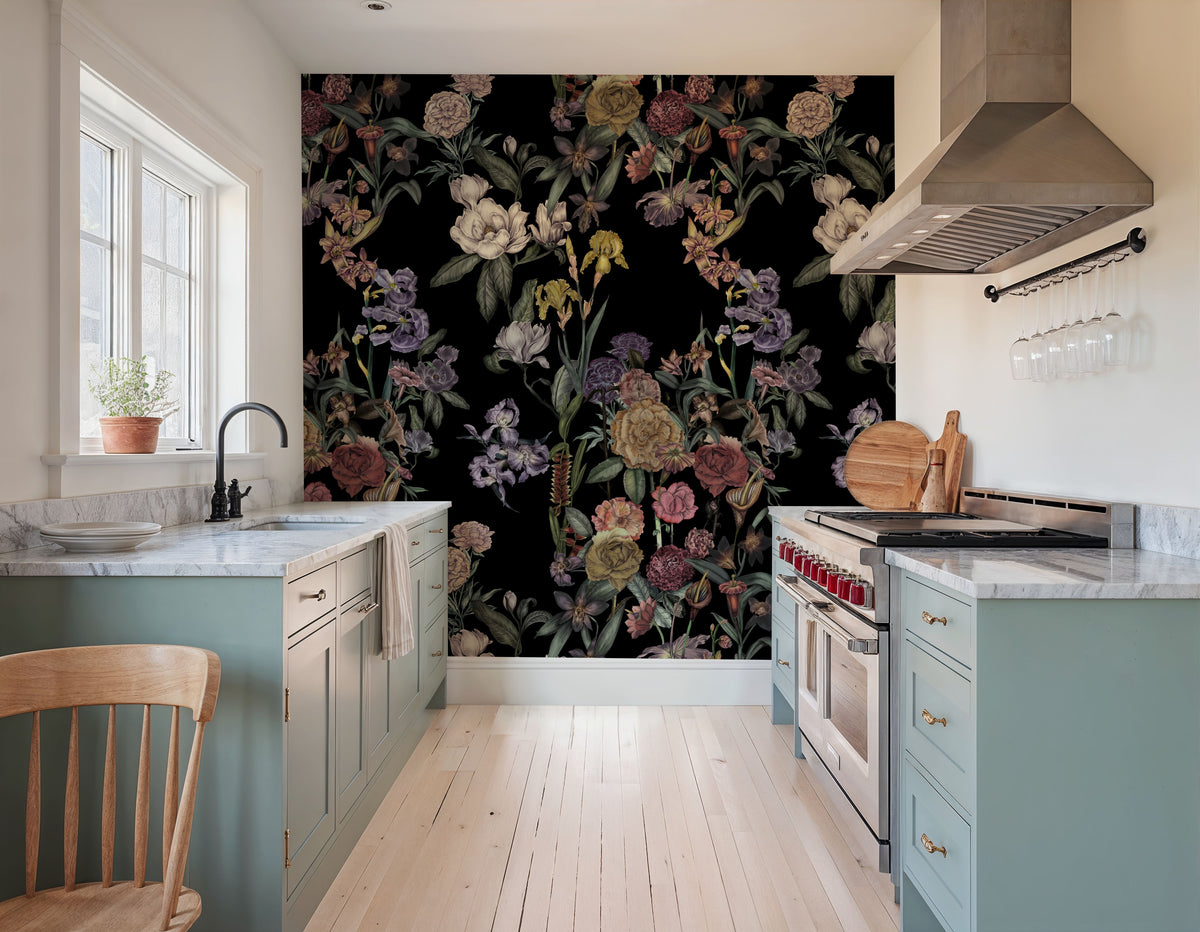 Floral Gaze, Black Mural Wallpaper - room preview 03