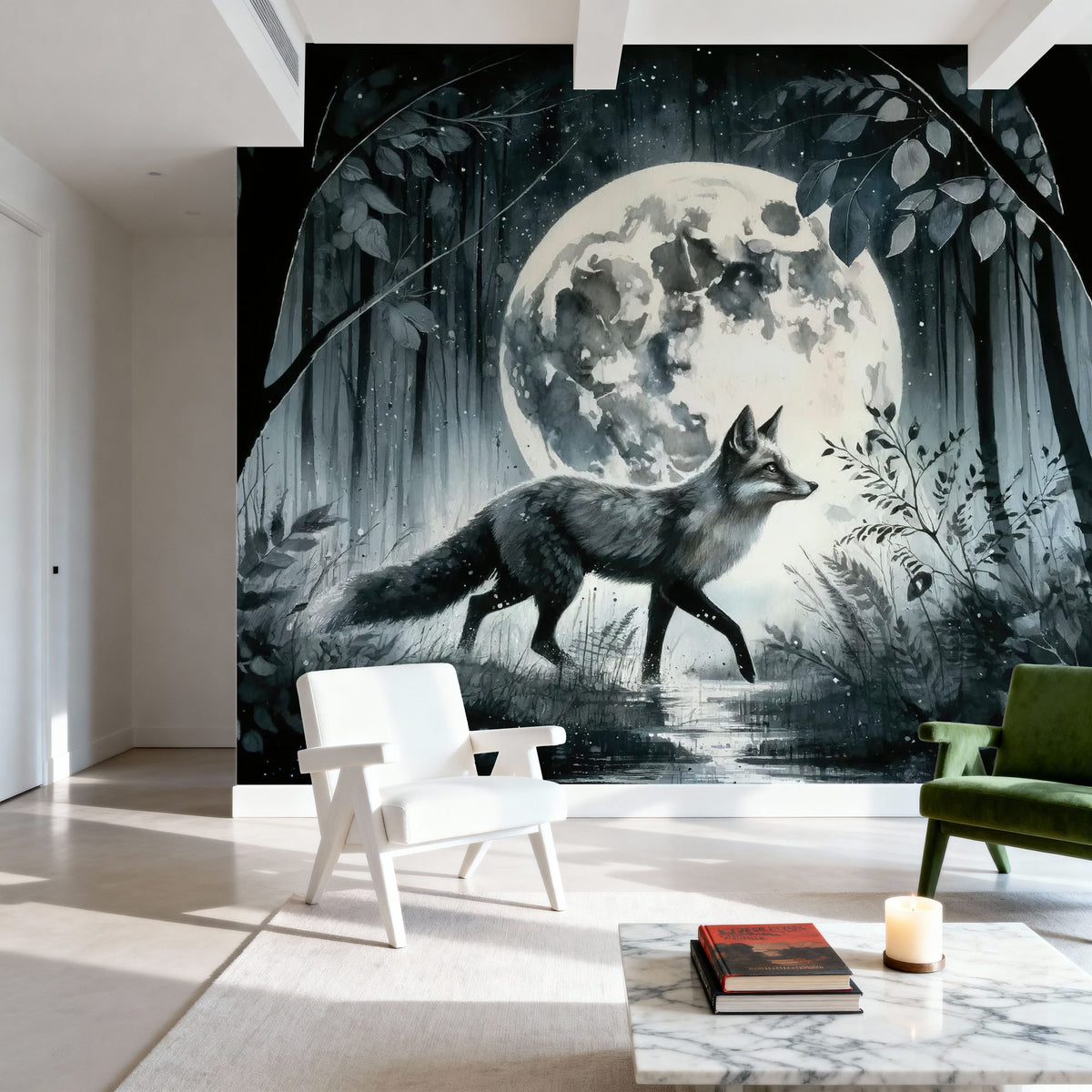 Moonlit Solitude in the Midnight Forest Mural Wallpaper - room preview 03