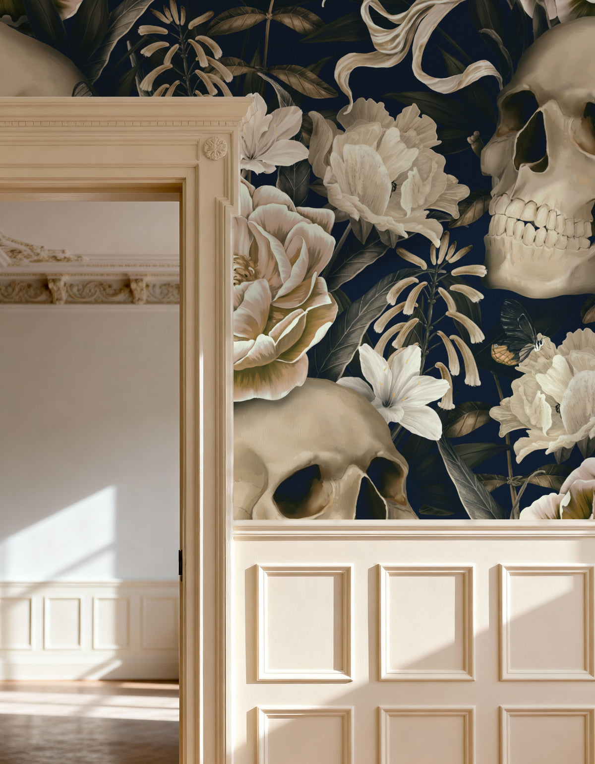 Peonies and Skulls Dark Blue Mural Wallpaper - room preview 03