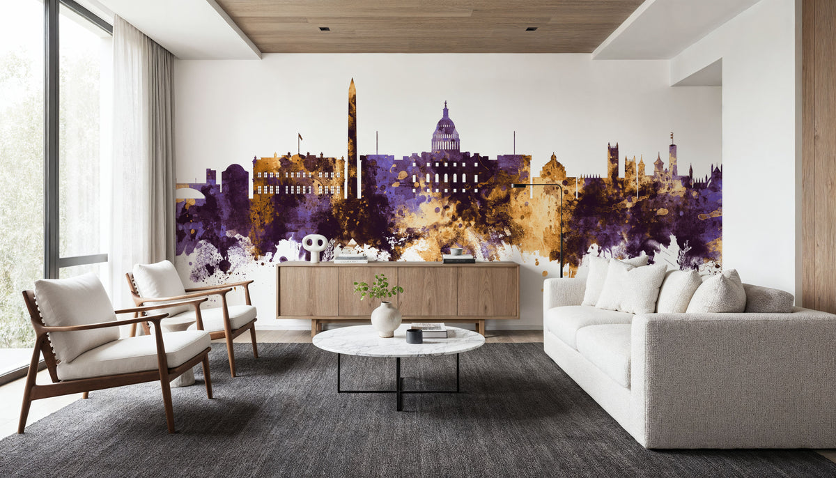 Washington DC Skyline Purple & Gold Mural Wallpaper - room preview 03