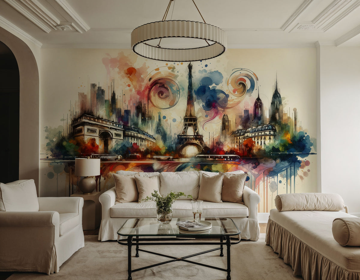 Watercolor Skyline Paris I Mural Wallpaper - room preview 03