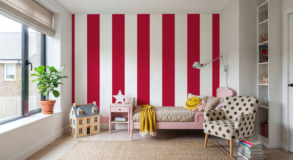 Scalloped Circus Stripes, Red Mural Wallpaper - room preview 03