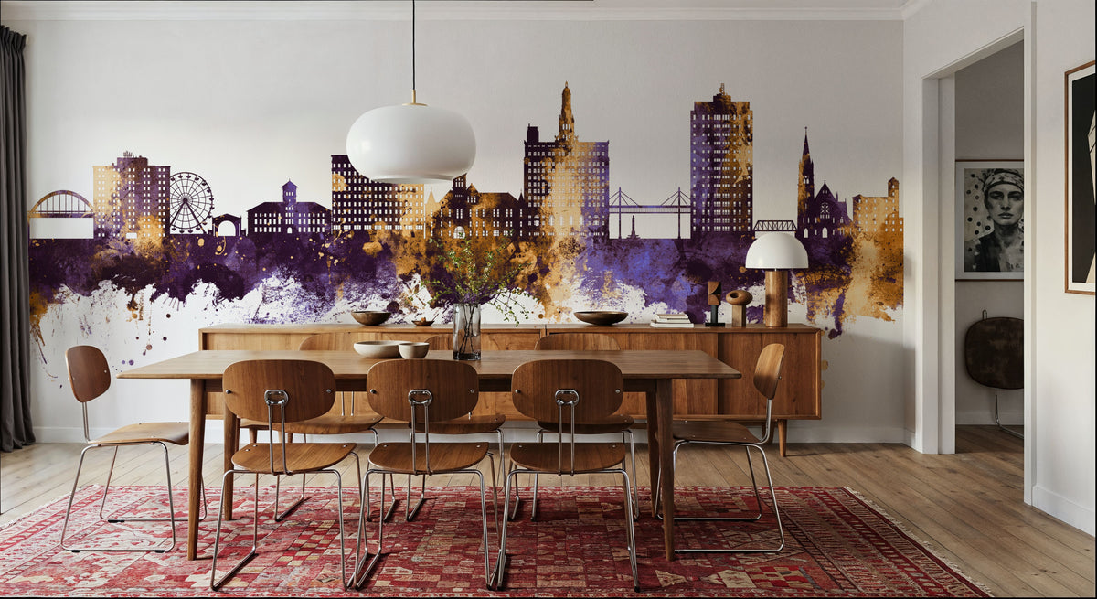 Davenport Iowa Skyline Purple & Gold Mural Wallpaper - room preview 03