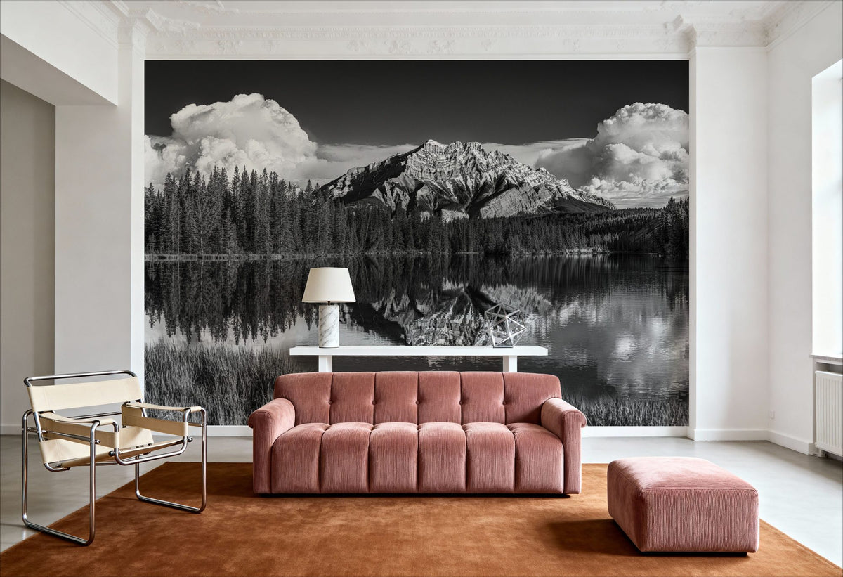 Cascade Mountain Reflection BW Mural Wallpaper - room preview 03