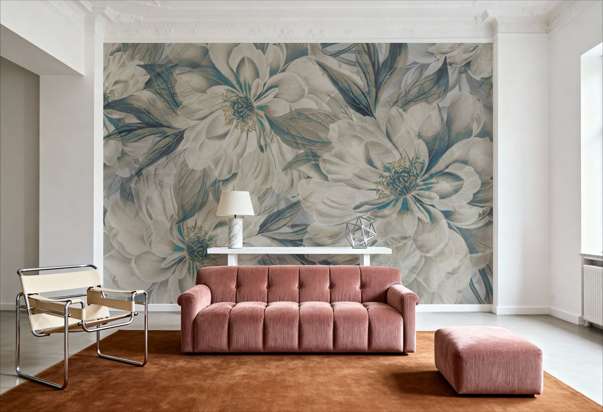 Peony Study - Cream and Teal Mural Wallpaper - room preview 03