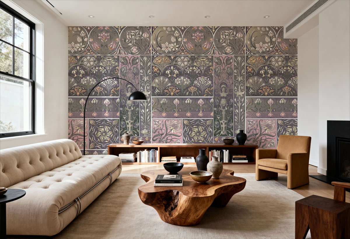 Art Deco Floral Wall Pink Mural Wallpaper - room preview 03