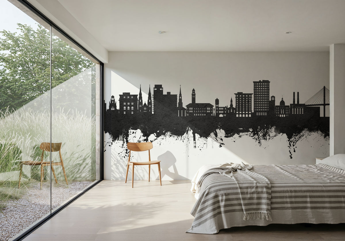 Savannah Georgia Skyline Black & White Mural Wallpaper - room preview 03