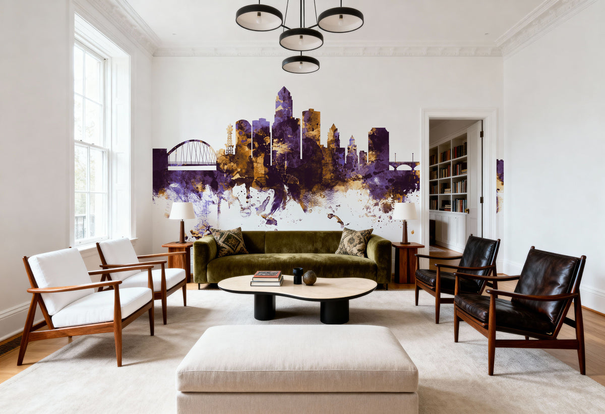 Des Moines Iowa Skyline Purple & Gold Mural Wallpaper - room preview 03