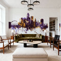 Des Moines Iowa Skyline Purple & Gold Mural Wallpaper - room preview 03