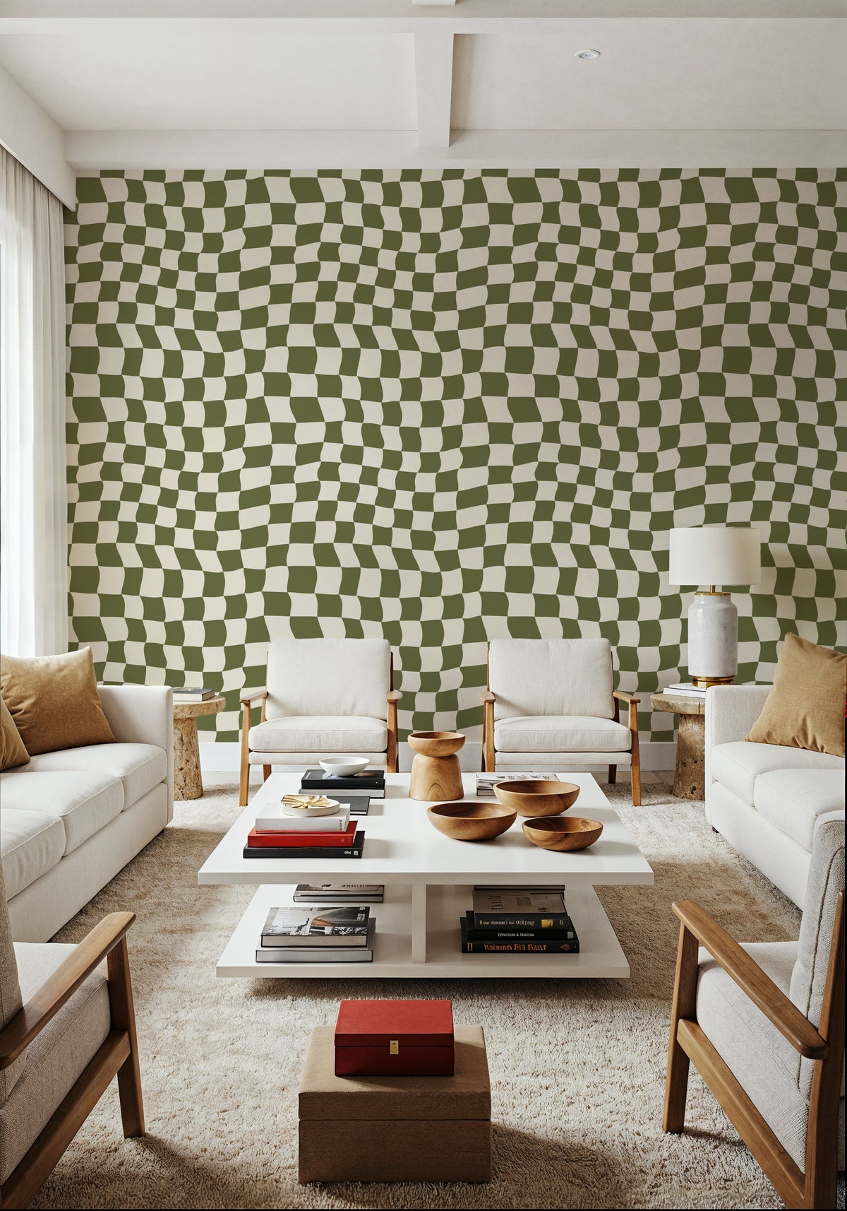 Warped Checkerboard, Olive Mural Wallpaper - room preview 03