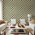 Warped Checkerboard, Olive Mural Wallpaper - room preview 03