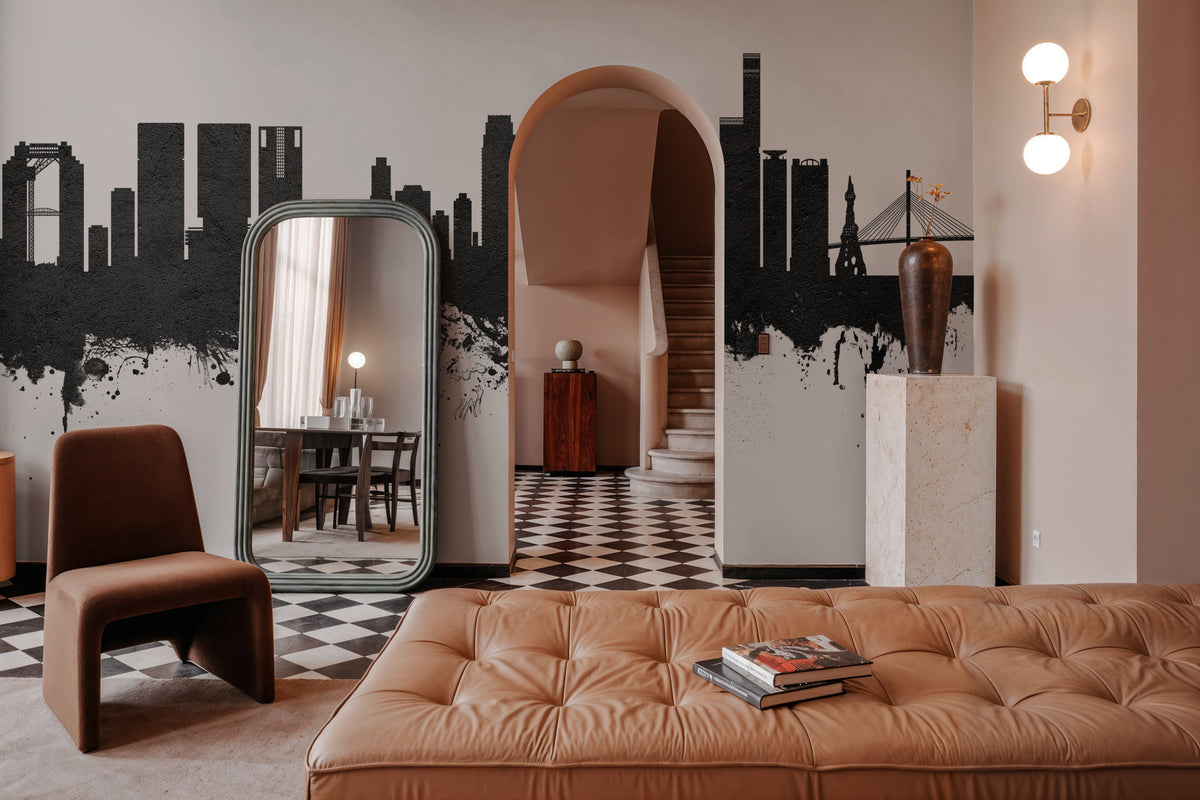 Osaka Skyline Black & White Mural Wallpaper - room preview 03