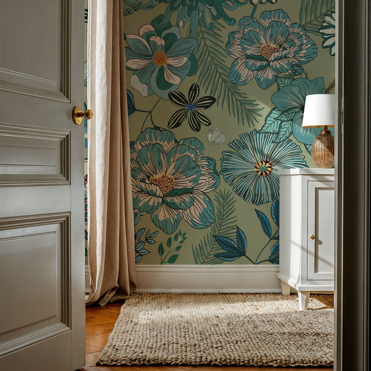 Teal Botanicals Mural Wallpaper - room preview 03