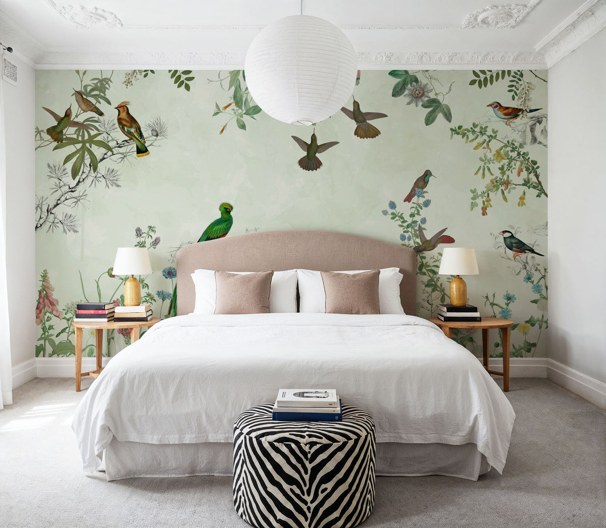 Fields of Birds and Flowers Mural Wallpaper - Neutral Tone - room preview 03
