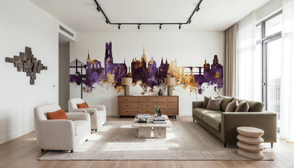 Fribourg Switzerland Skyline Purple & Gold Mural Wallpaper - room preview 03
