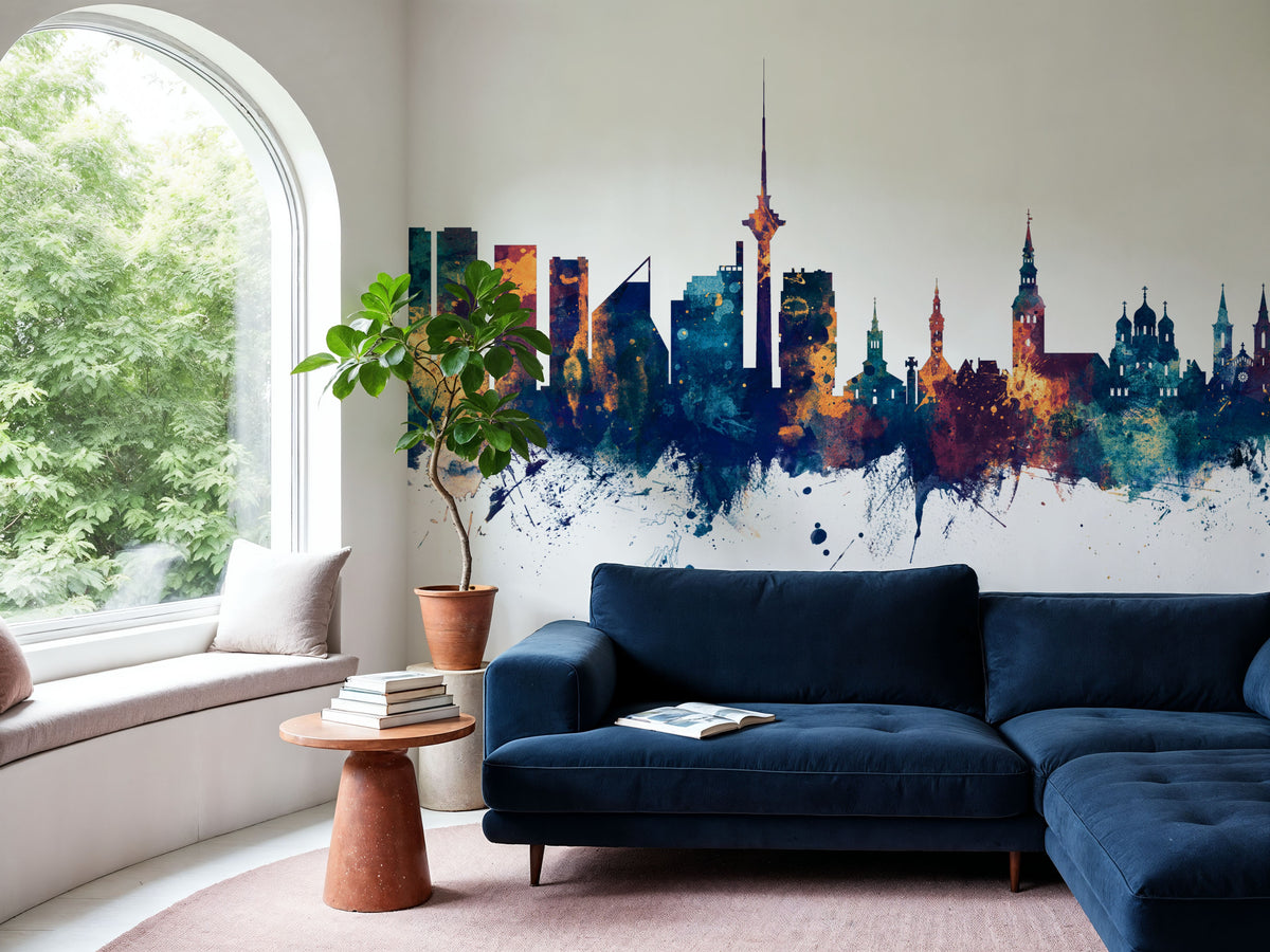 Tallinn Estonia Skyline Blue & Bronze Mural Wallpaper - room preview 03