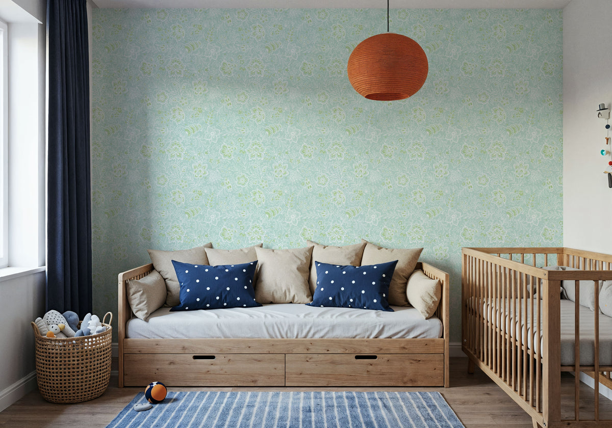 Kala Flowers White on Mint Mural Wallpaper - room preview 03
