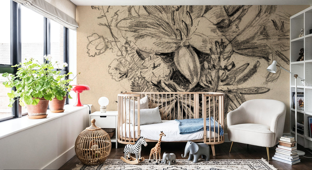 Flowers in a Vase Sketch Mural Wallpaper - room preview 03