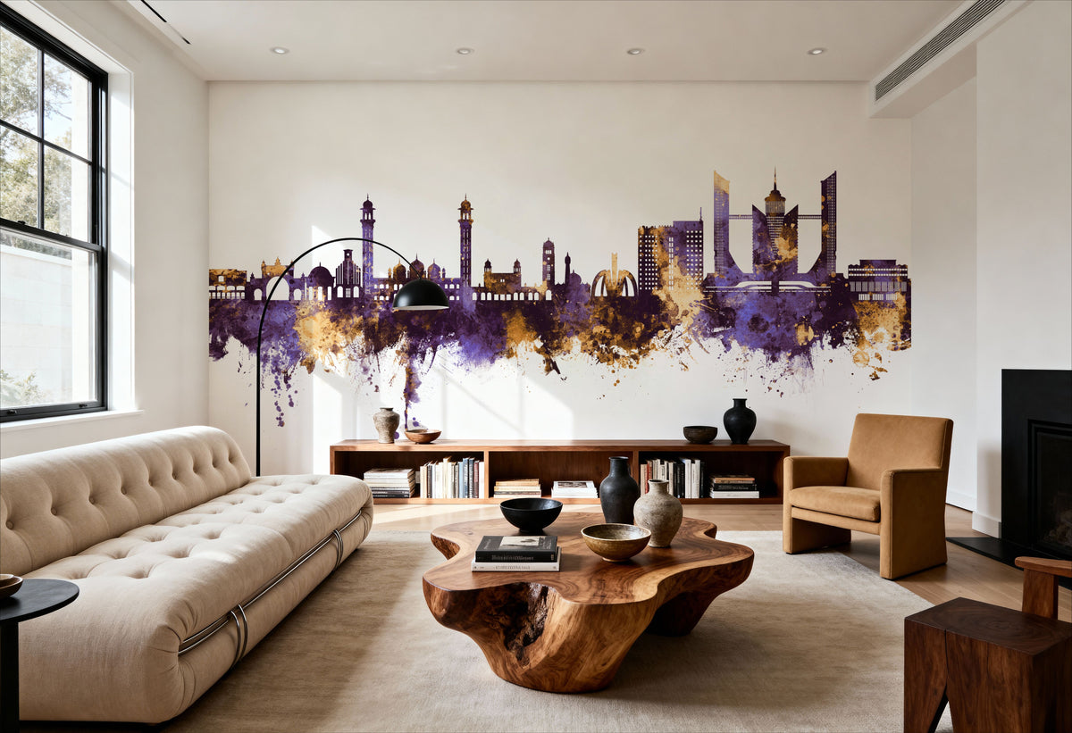 Faislabad Pakistan Skyline Purple & Gold Mural Wallpaper - room preview 03