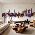 Faislabad Pakistan Skyline Purple & Gold Mural Wallpaper - room preview 03