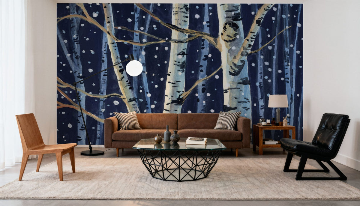 Snowy Birch Grove At Night Mural Wallpaper - room preview 03