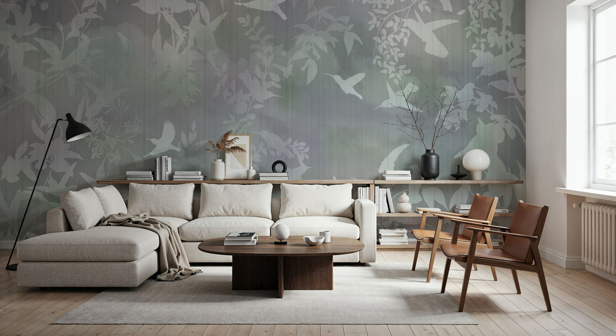 Birds in the Fog Blue Mural Wallpaper - room preview 03