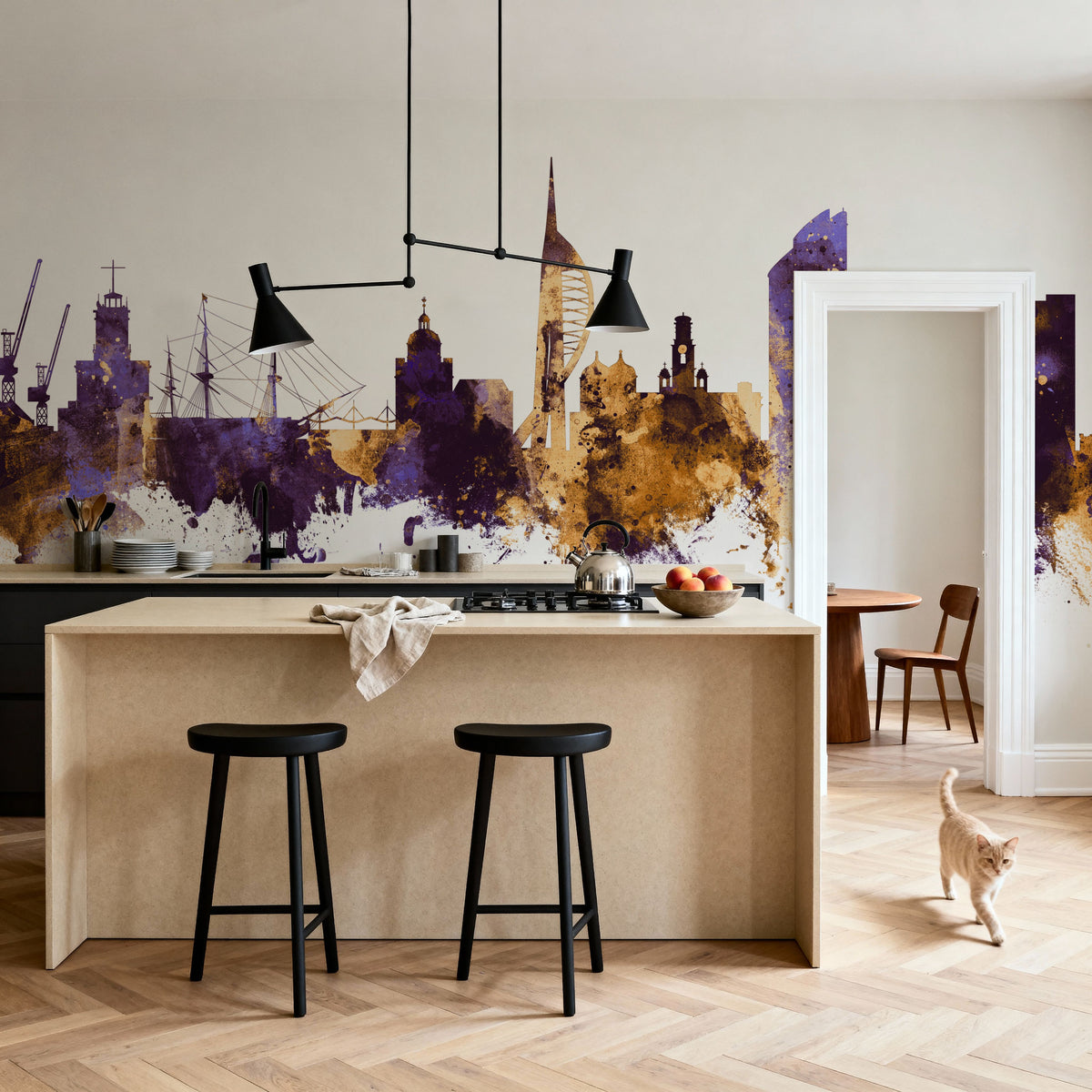 Portsmouth England Skyline Purple & Gold Mural Wallpaper - room preview 03