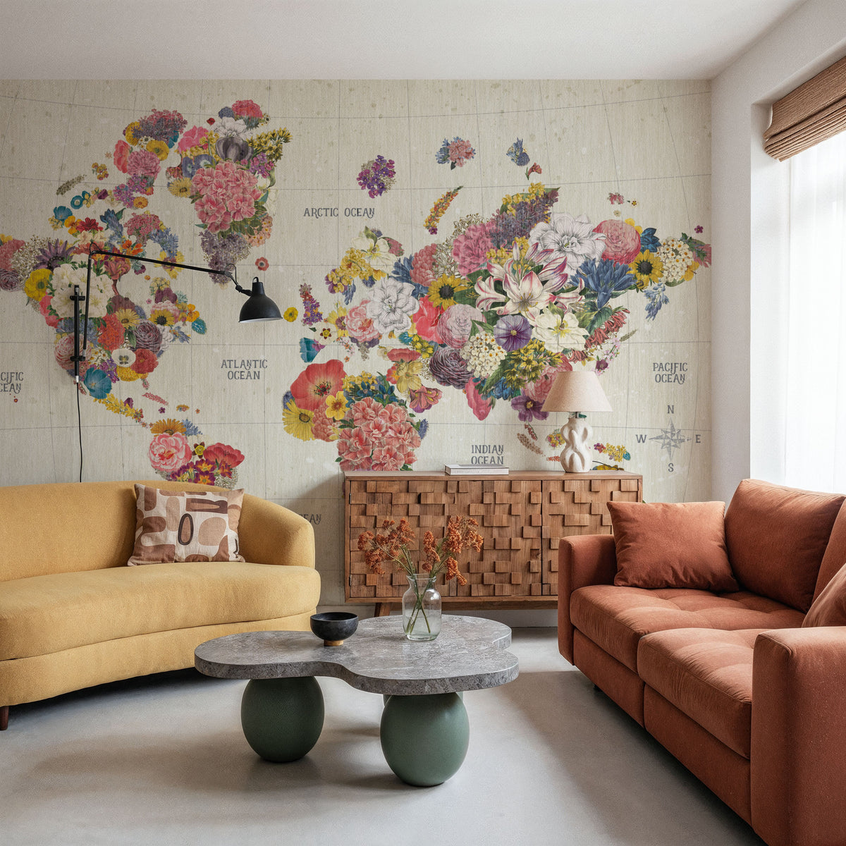 Botanical Floral Map Light Words Mural Wallpaper - room preview 03