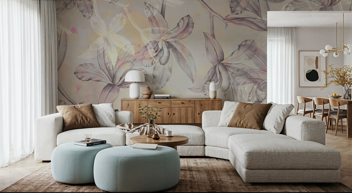 Orchids on Water Mural Wallpaper - Neutral Tone - room preview 03