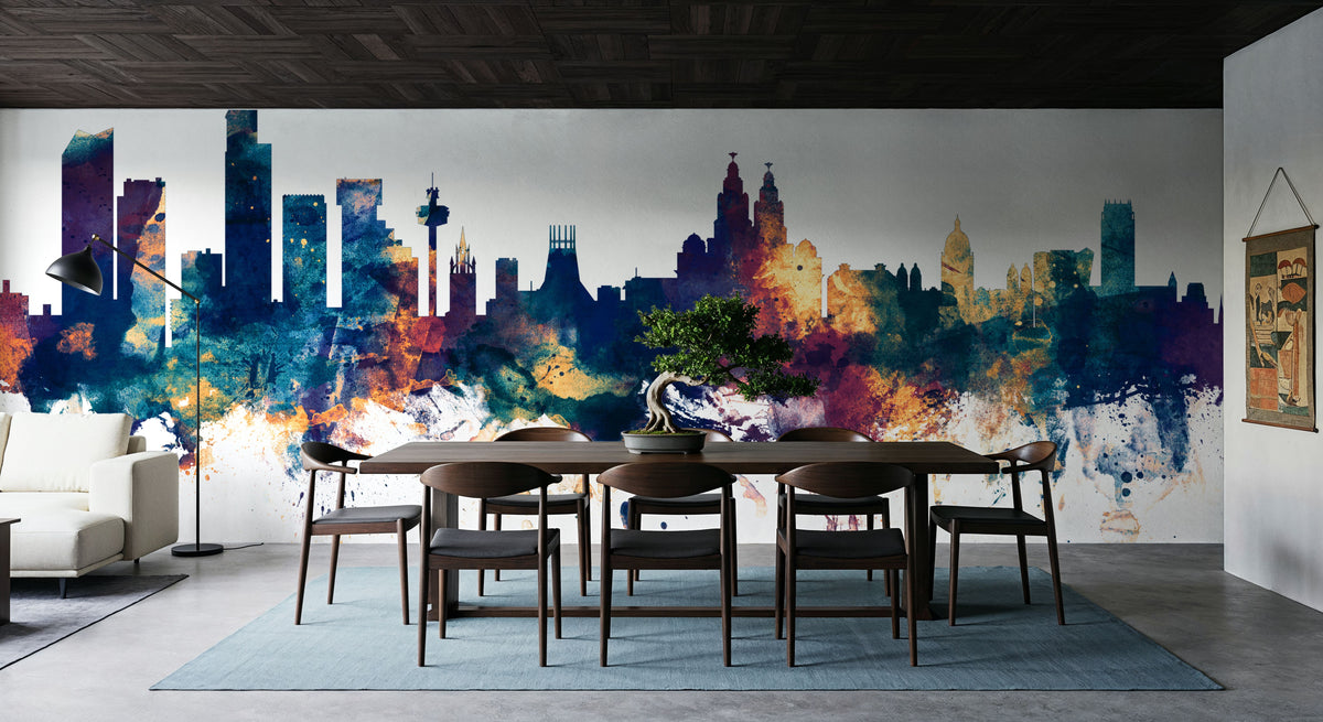 Liverpool England Skyline Blue & Bronze Mural Wallpaper - room preview 03