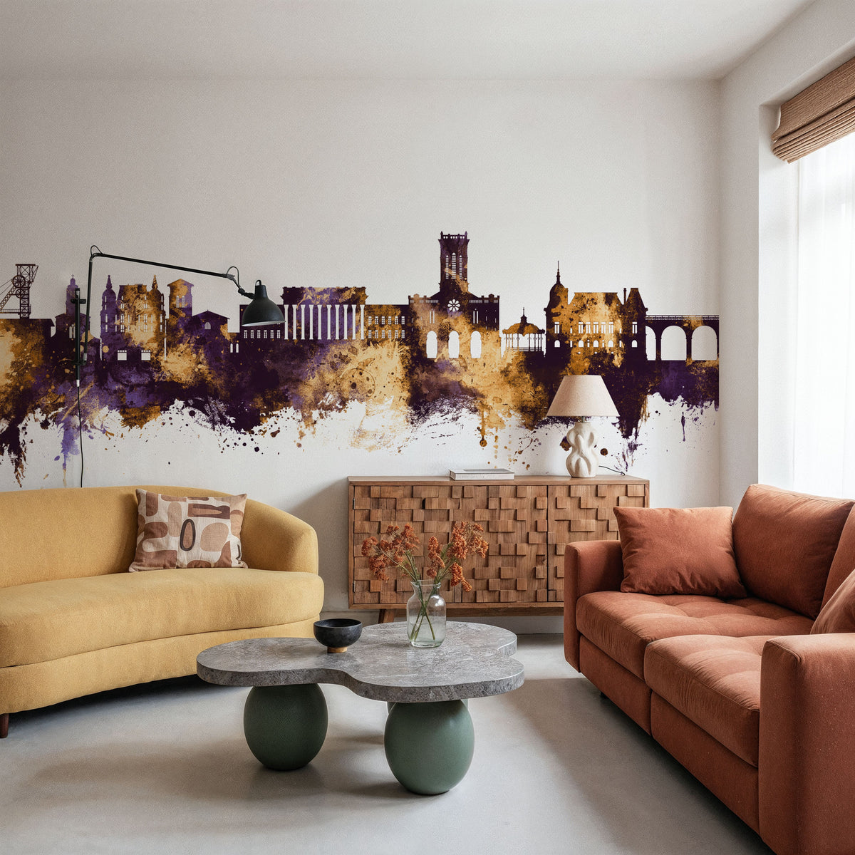Saint-Étienne France Skyline Purple & Gold Mural Wallpaper - room preview 03