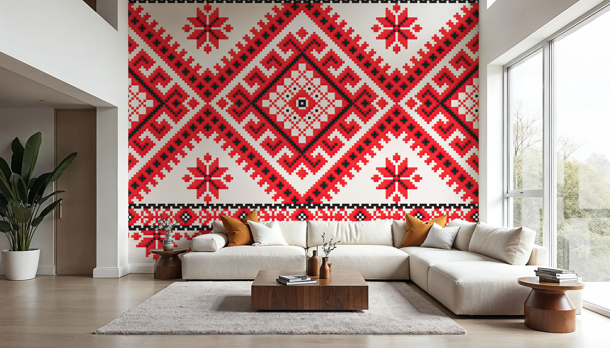 Pixel Embroidery Red Mural Wallpaper - room preview 03