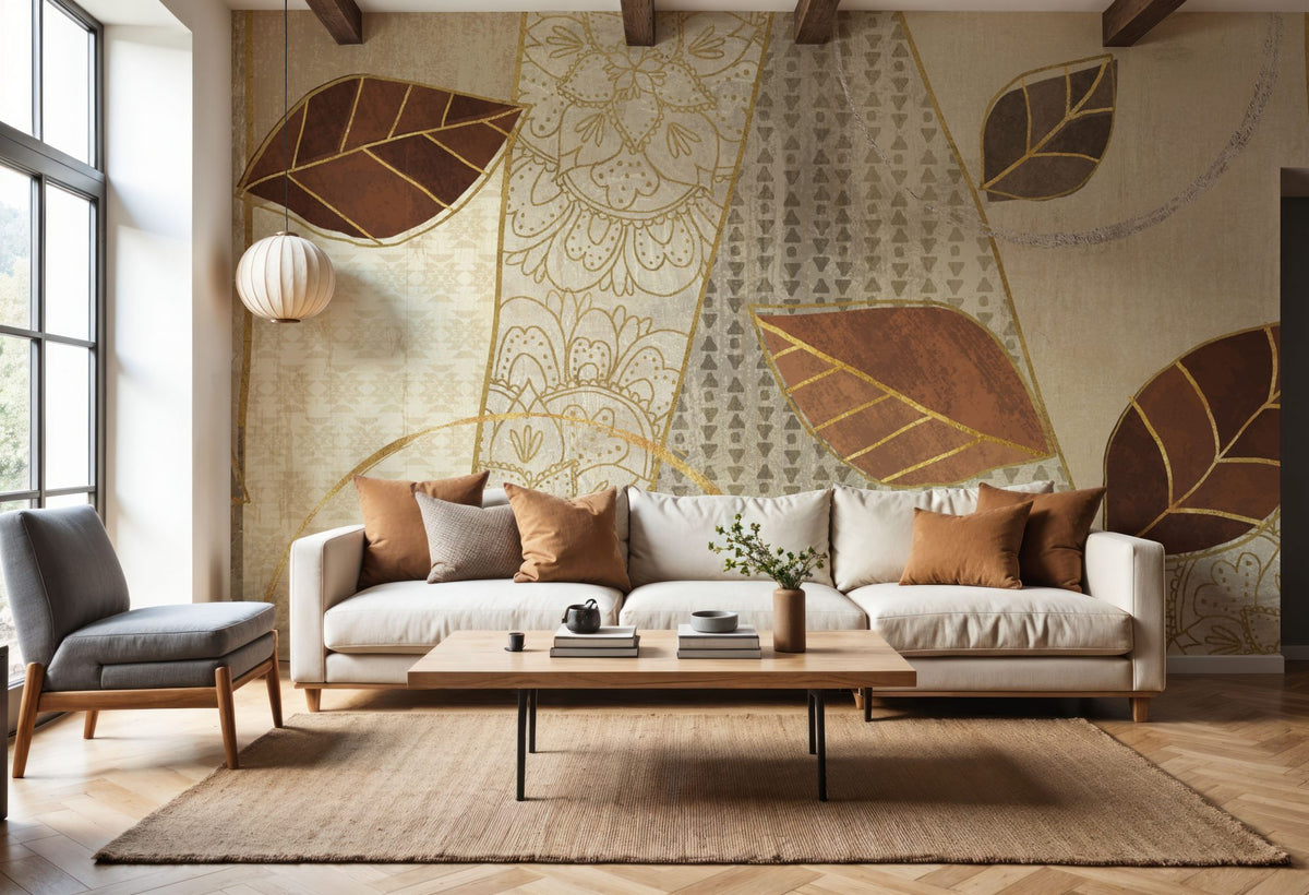 Bohemian Leaves IV Neutral Mural Wallpaper - room preview 03