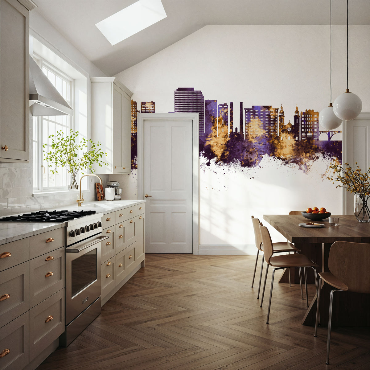 Spokane Washington Skyline Purple & Gold Mural Wallpaper - room preview 03