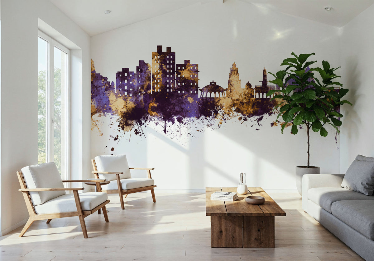 Nashik India Skyline Purple & Gold Mural Wallpaper - room preview 03