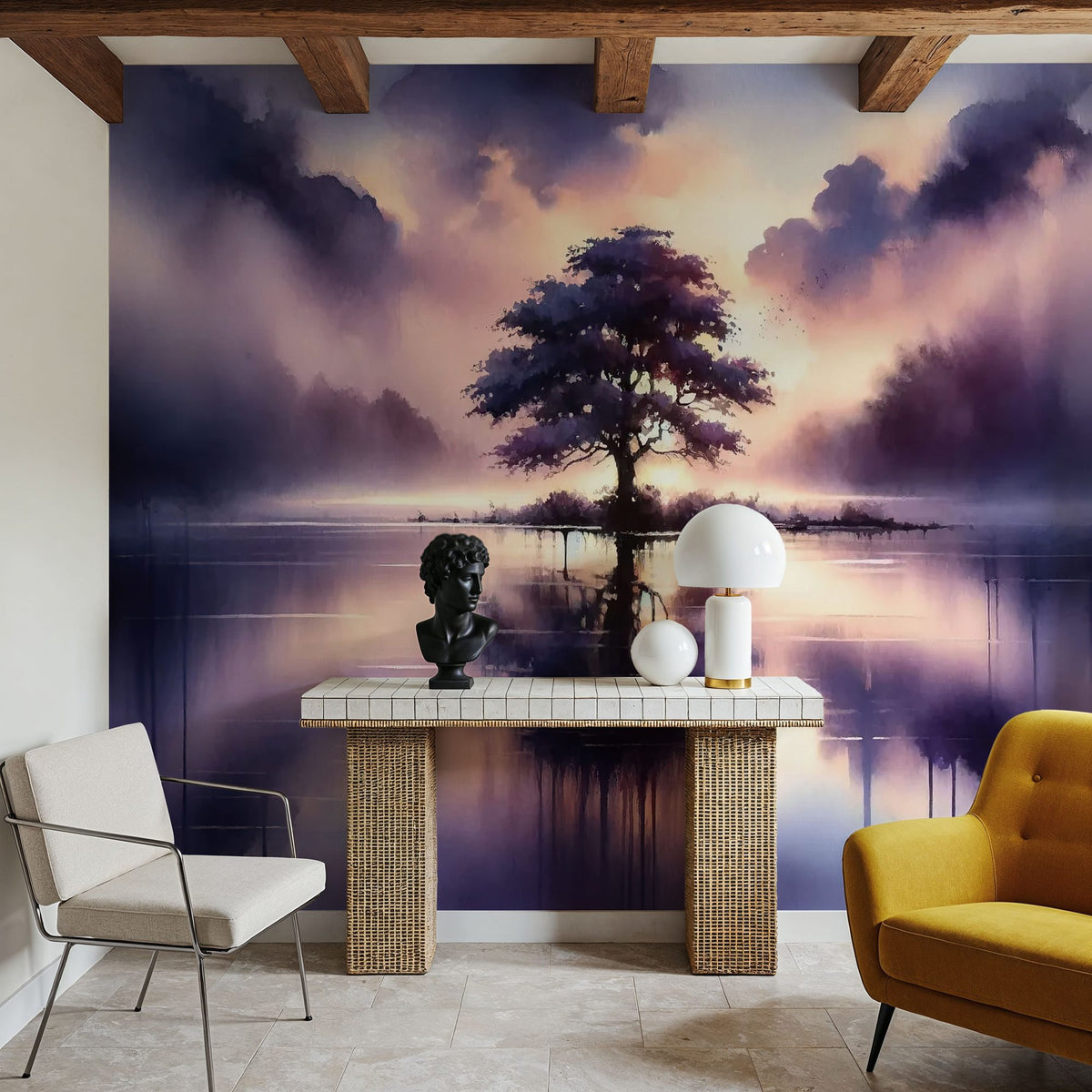 Whispers of Dawn on a Misty Lake Solitude Mural Wallpaper - room preview 03