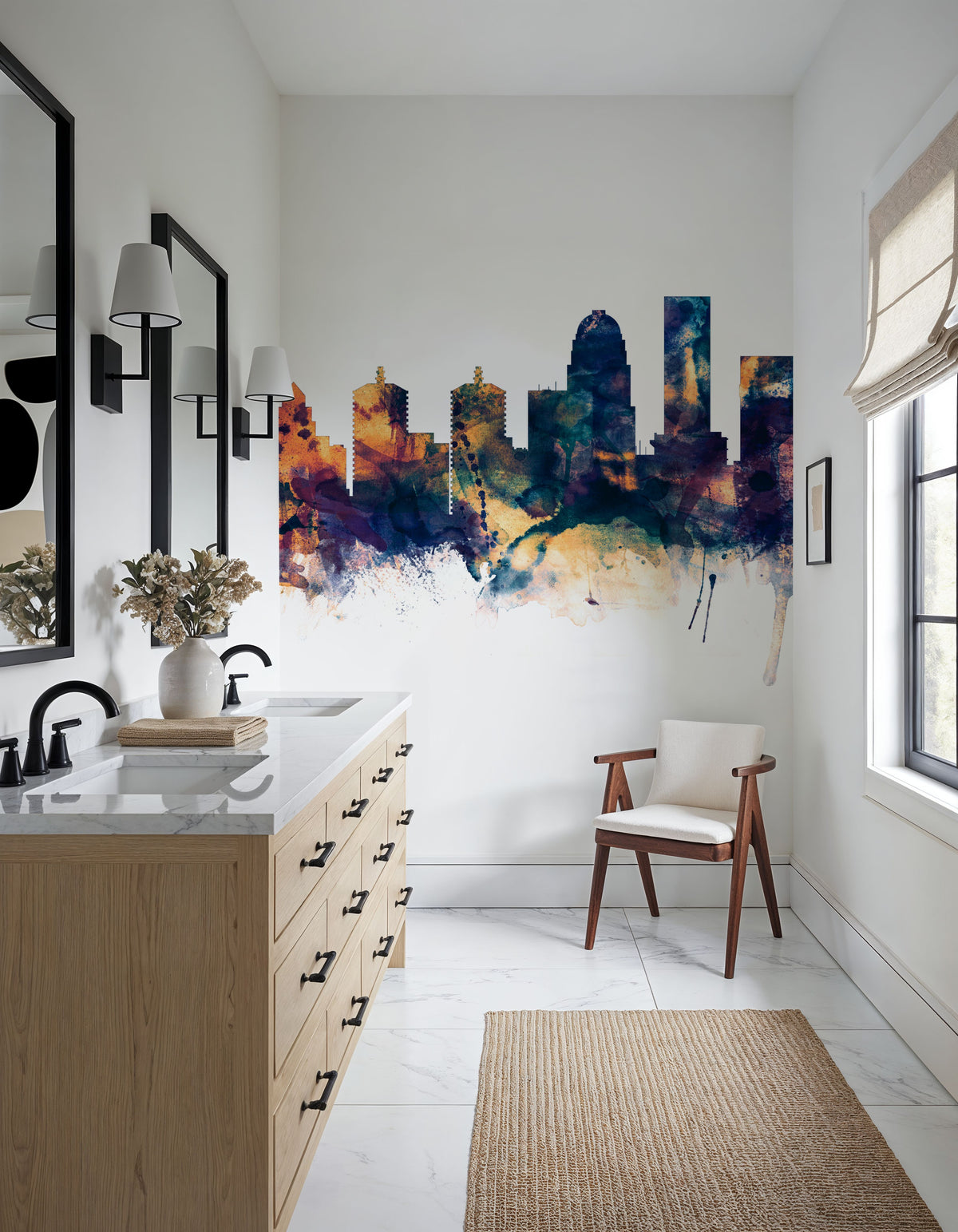 Louisville Kentucky Skyline Blue & Bronze Mural Wallpaper - room preview 03