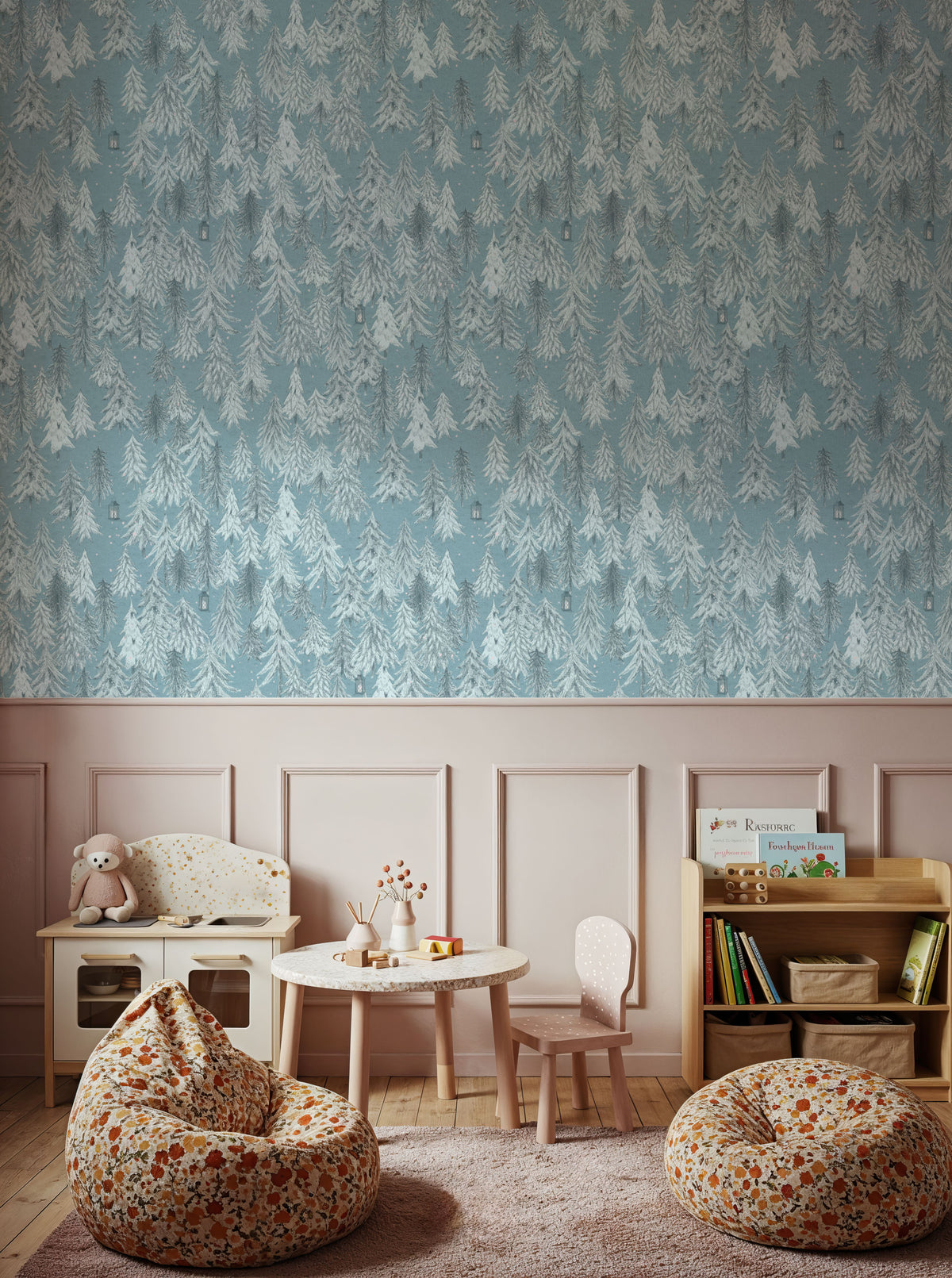 Forest Lanterns, Dusty Blue Mural Wallpaper - room preview 03