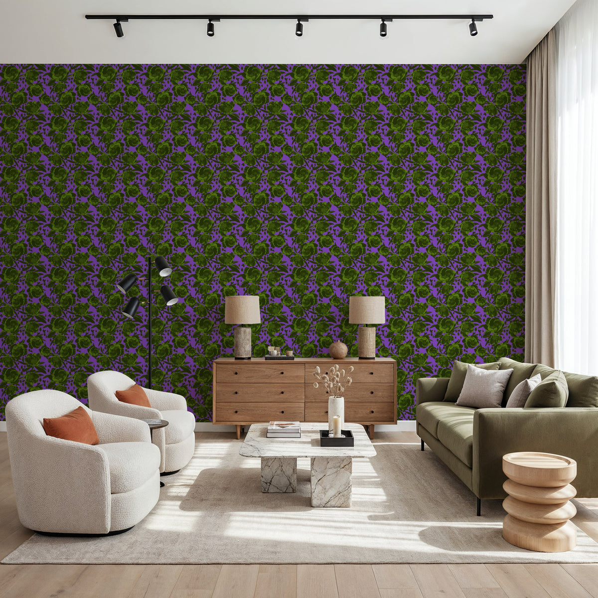 Pop Peonies, Green & Purple Mural Wallpaper - room preview 03