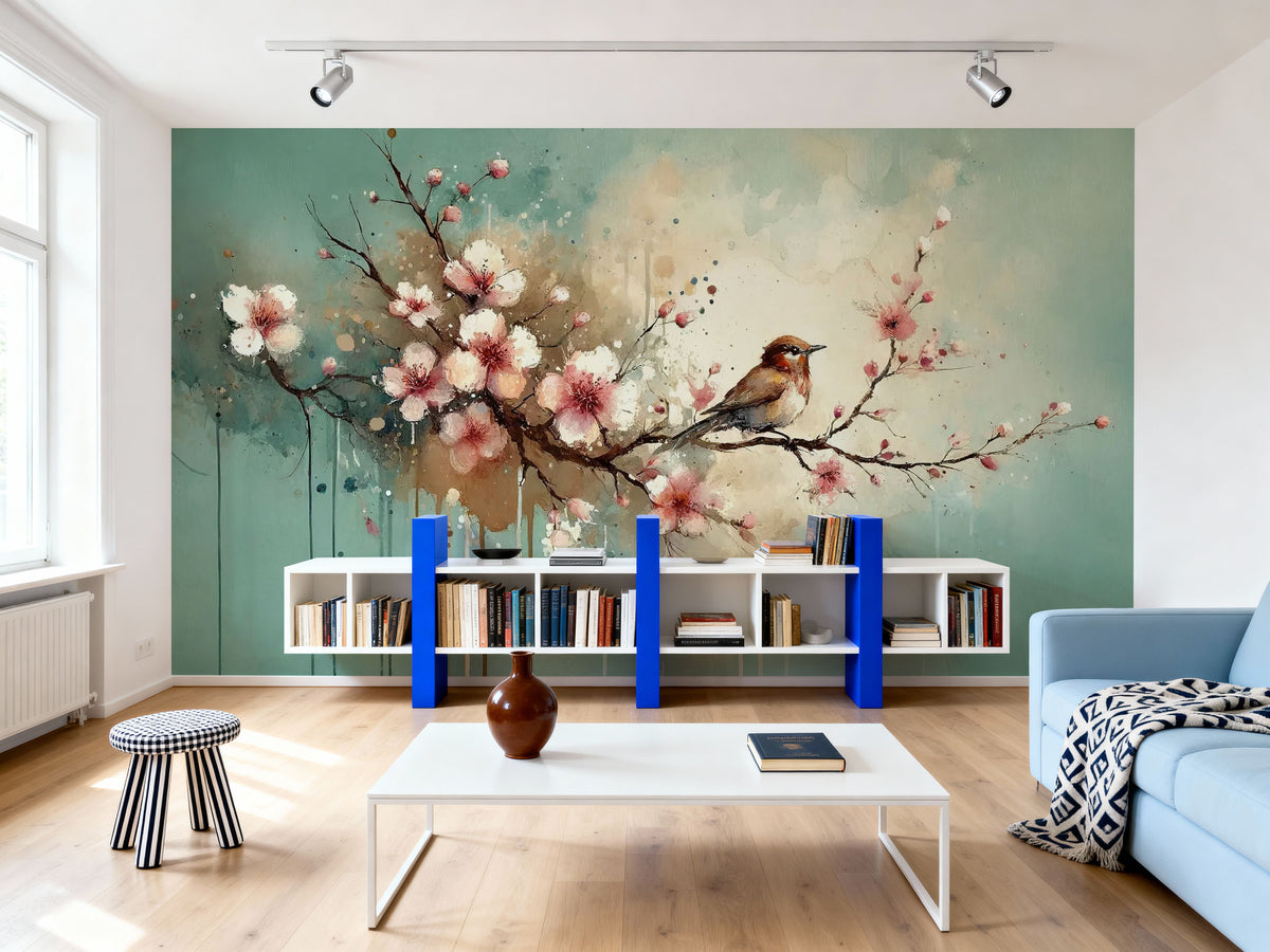 Cherry Blossoms Whispers on Teal Breeze Mural Wallpaper - room preview 03
