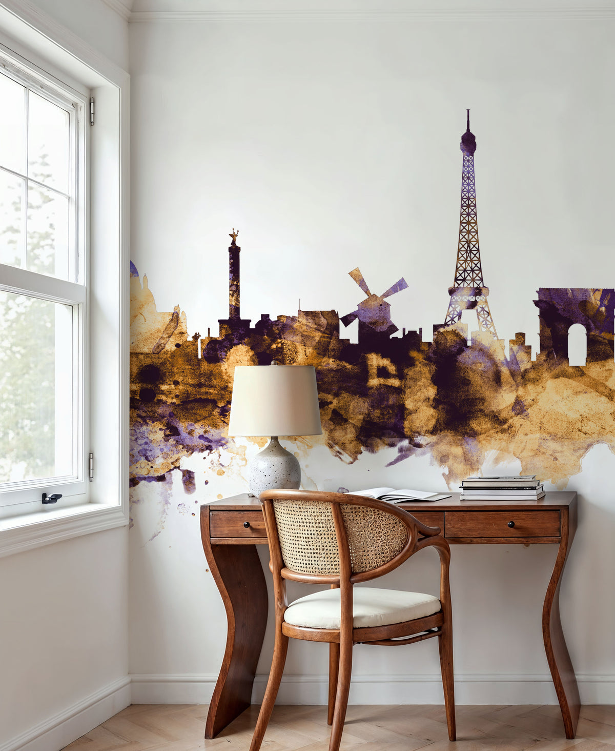 Paris Skyline Purple & Gold Mural Wallpaper - room preview 03