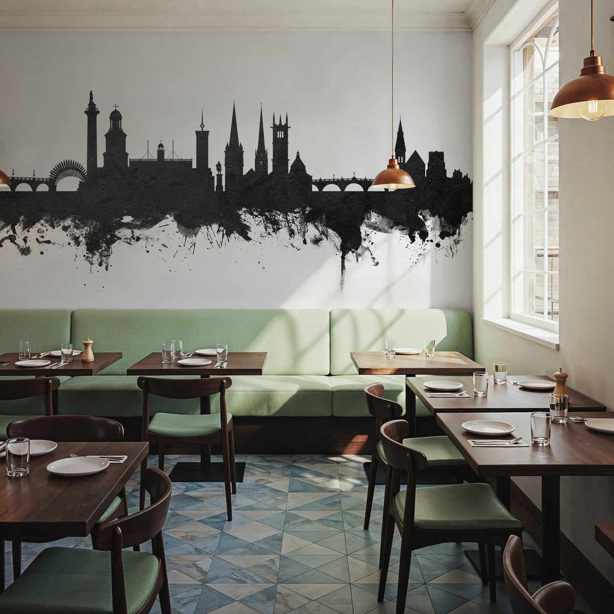 Shrewsbury England Skyline Black & White Mural Wallpaper - room preview 03