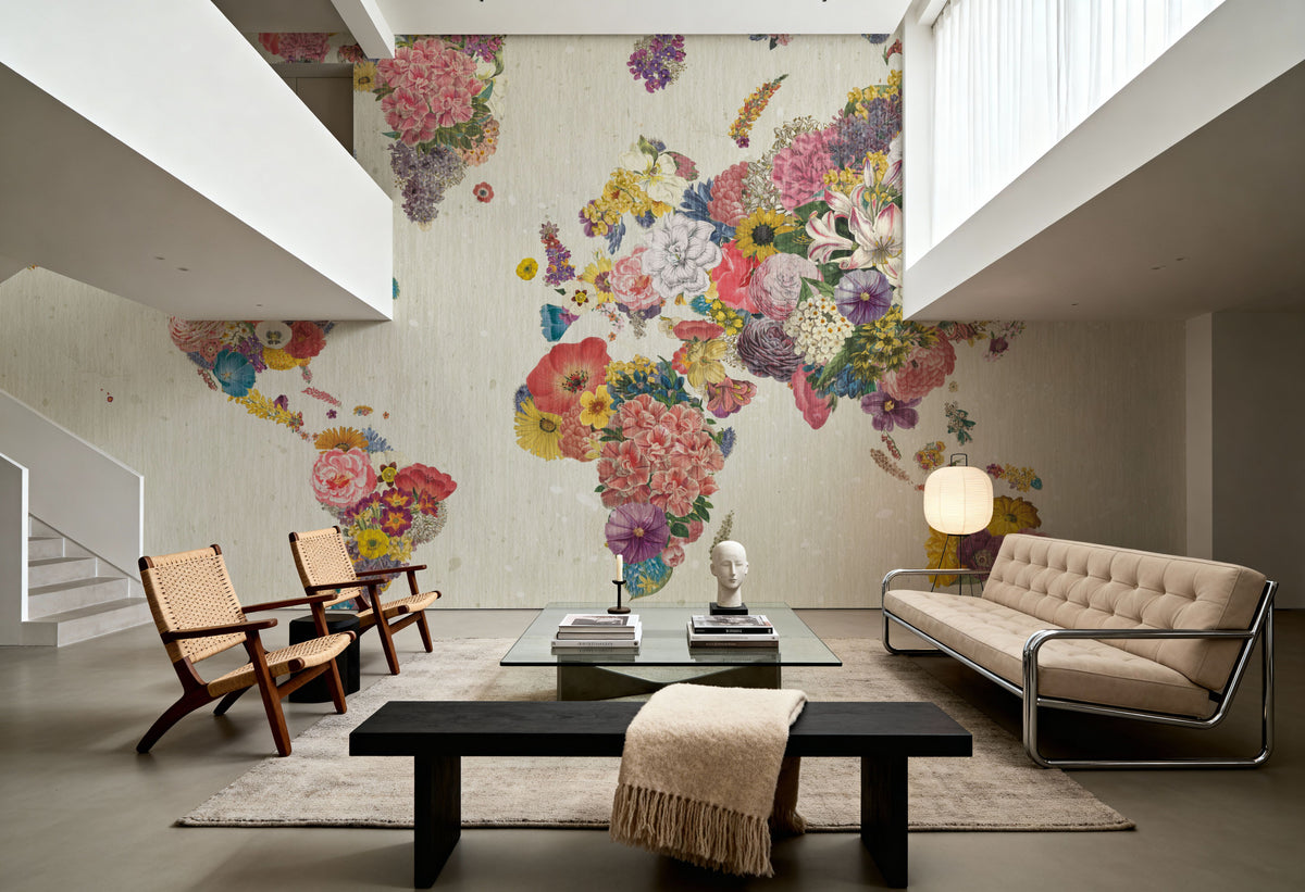 Botanical Floral Map Light Mural Wallpaper - room preview 03